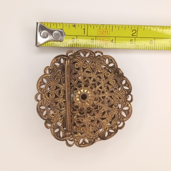 Filigree Brooch & Earrings Aurora Borealis Glass Red Pink Rhinestone Fau… - Picture 10 of 11